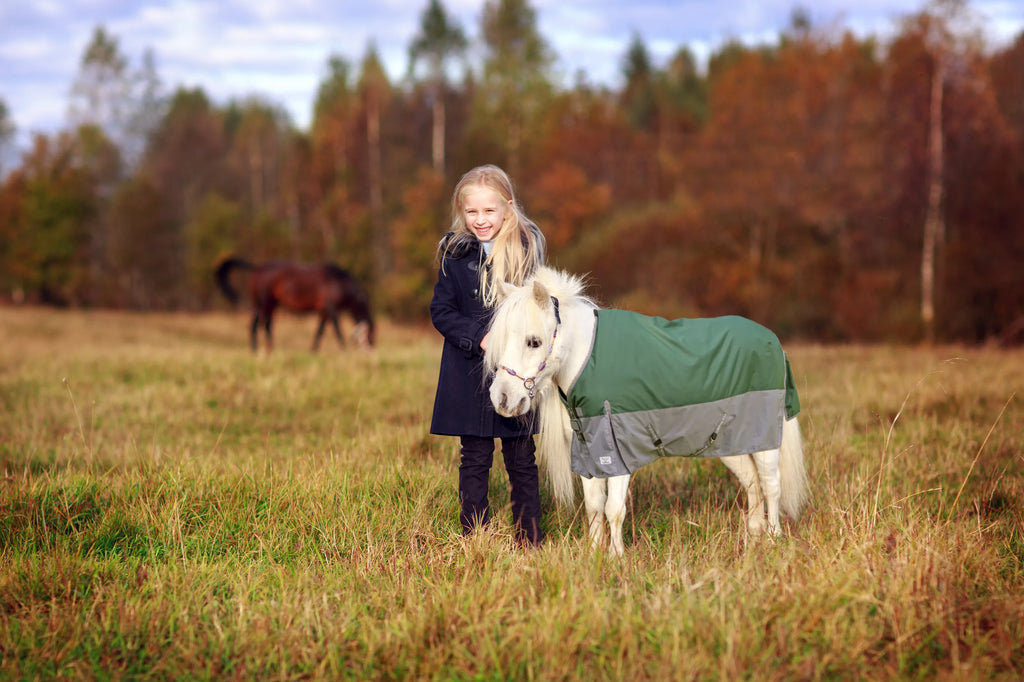 TuffRider Mini 1200D Ripstop Medium Weight 200 GSM  Two Tone Turnout Blanket With Standard Neck- Hunter Green/ Grey Bottom & Trim - 36