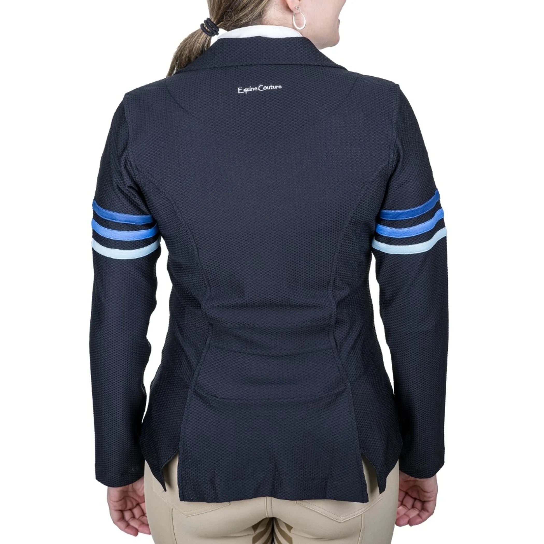 Equine Couture Women's EquiVent Gradient Show Coat w/ Arm Stripes- Black/Red-1X